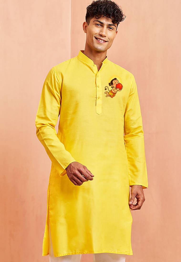men's yellow cotton kurta hanuman jayanti print