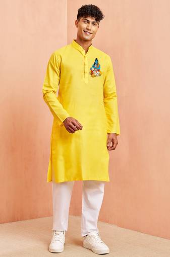 yellow cotton kurta set with hanumanji print
