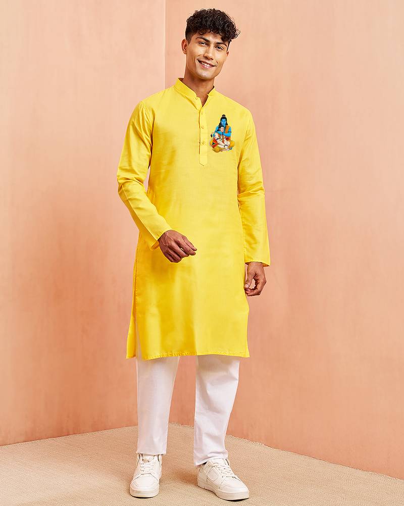 yellow cotton kurta set with hanumanji print