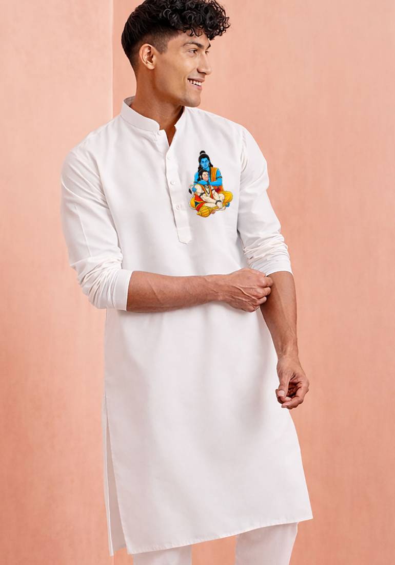 men's white kurta hanuman jayanti cotton print