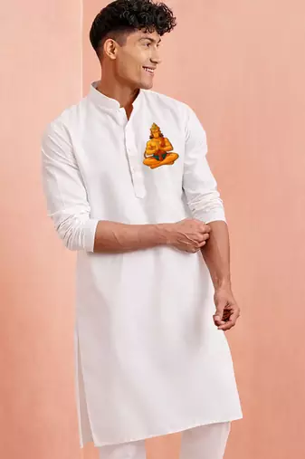 men's traditional white cotton kurta hanuman jayanti design