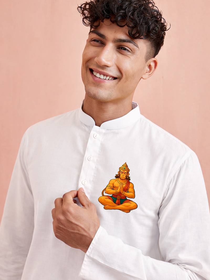men's traditional white cotton kurta hanuman jayanti design