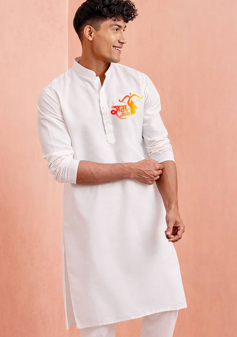men's white cotton kurta ram hanuman print