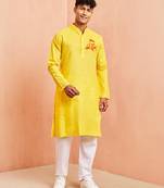 yellow cotton kurta set with shri ram print