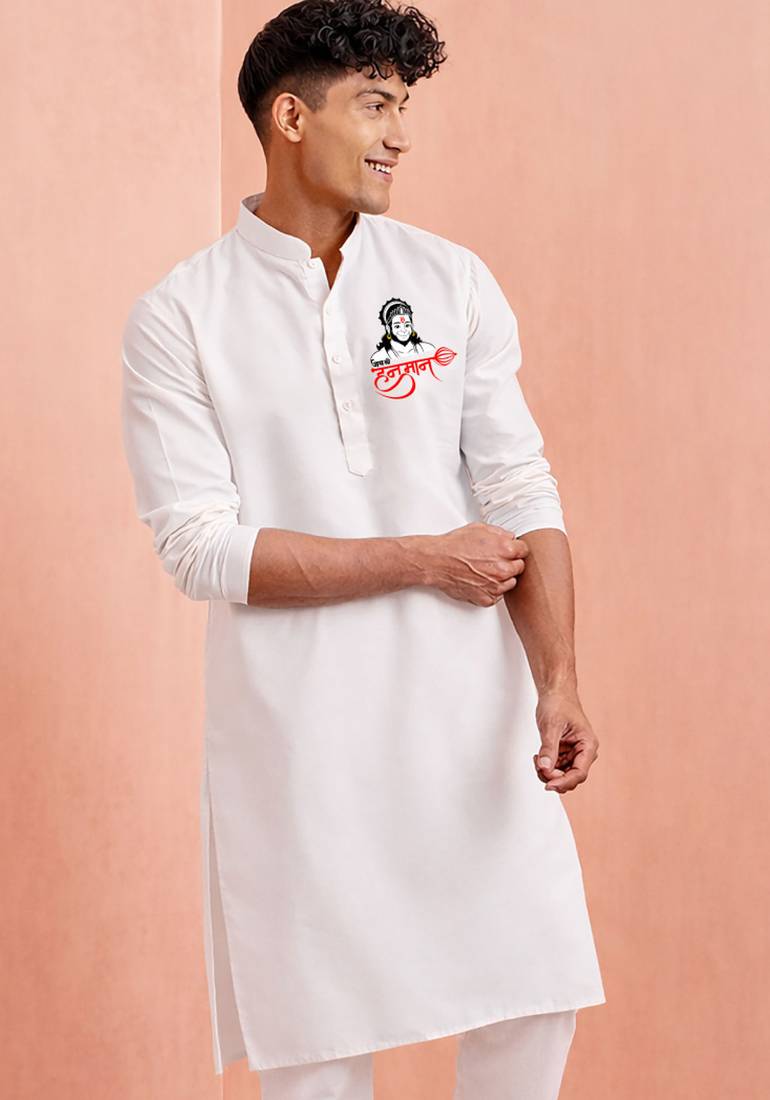 men's white cotton kurta hanuman print festive