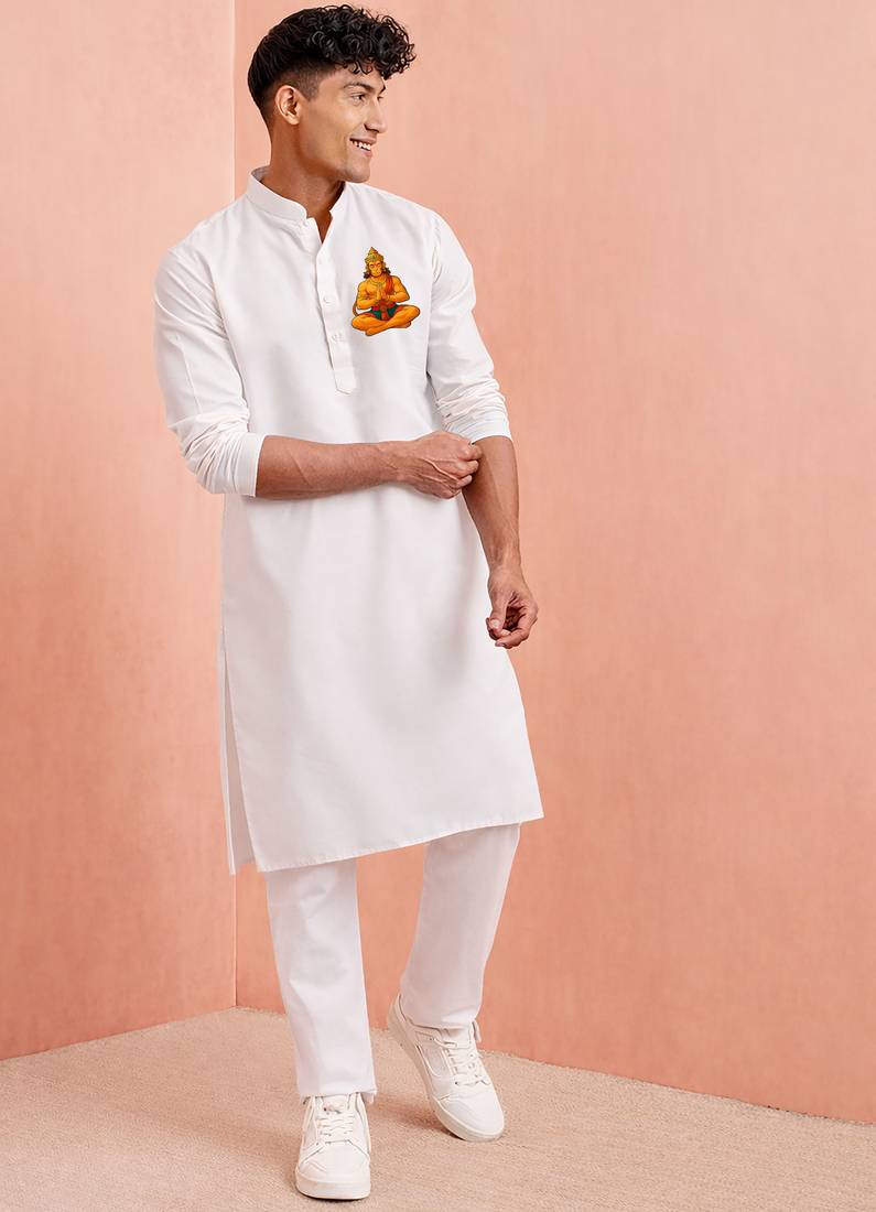 men's traditional white cotton kurta hanuman jayanti design