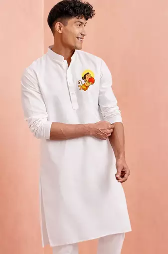 Men's white pure cotton kurta | hanuman jayanti special print | festive & casual wear