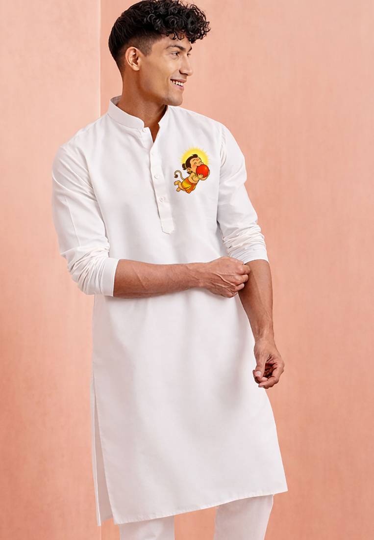 men's white cotton kurta hanuman jayanti print 