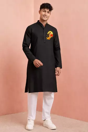Creations men's black pure cotton kurta pyjama set | hanuman jayanti special print | ethnic