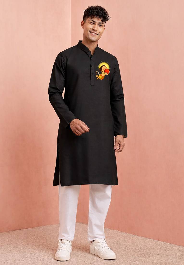 black cotton kurta set with hanumanji printed detail