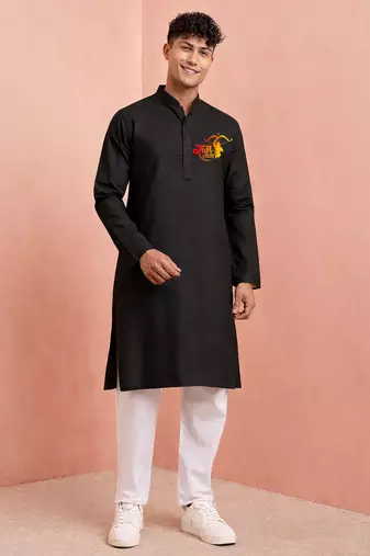 Creations men's black pure cotton kurta pyjama set | ram special print | festive wear for men
