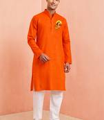 orange cotton mens kurta set with bal hanumanji print