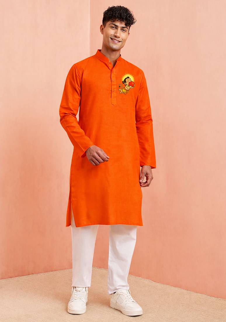 orange cotton mens kurta set with bal hanumanji print