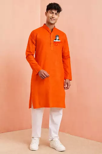 Creations men's orange cotton kurta with hanuman jayanti special chest print & white pyjama
