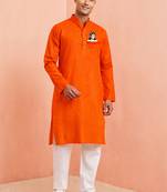 orange cotton kurta set with hanumanji placement print