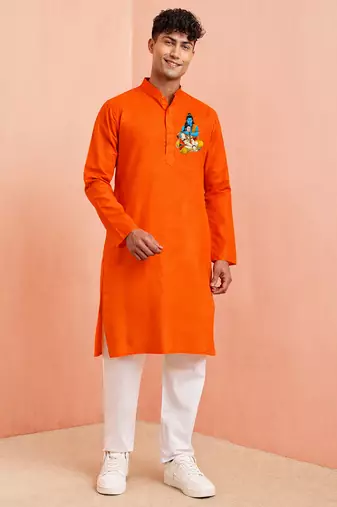 Creations men's orange pure cotton kurta & pyjama set with hanuman jayanti chest print -