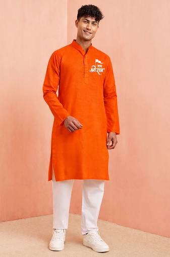 orange cotton kurta set with hanumanji front print