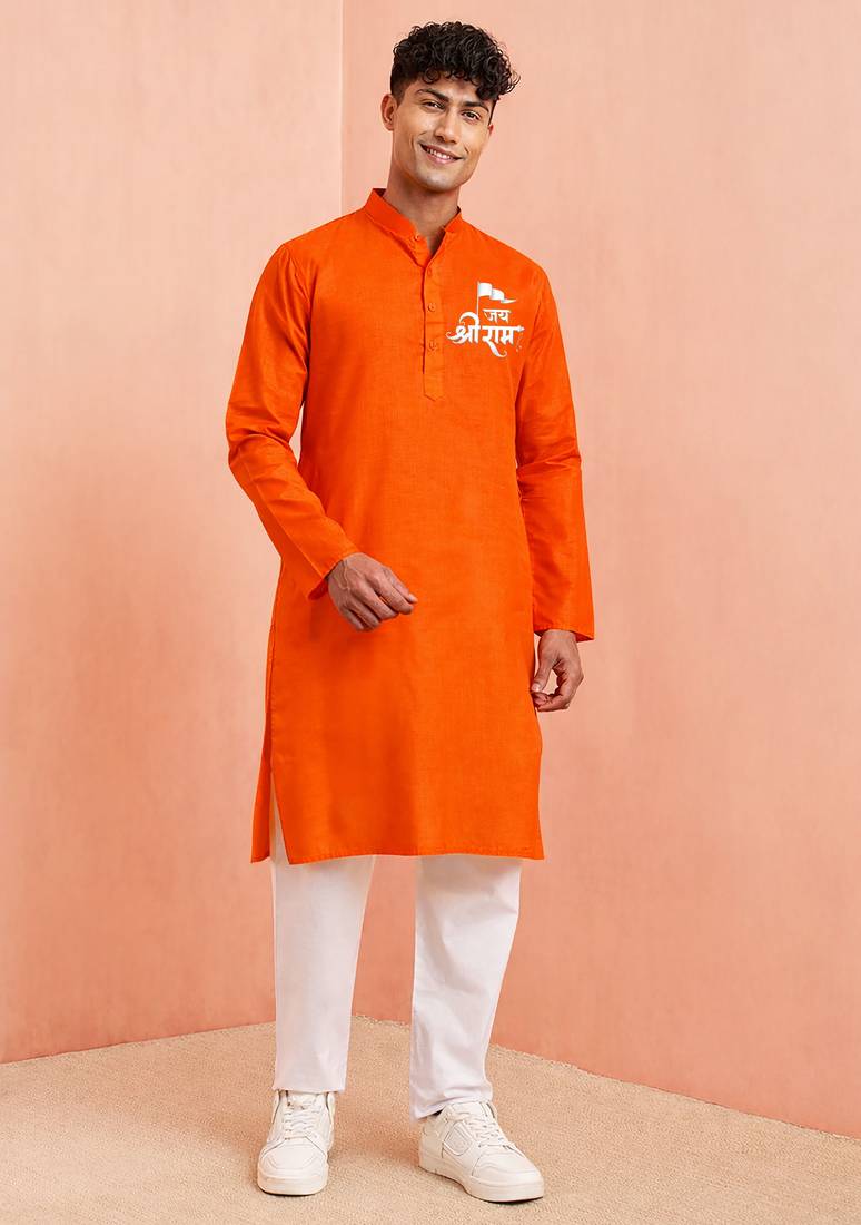 orange cotton kurta set with hanumanji front print