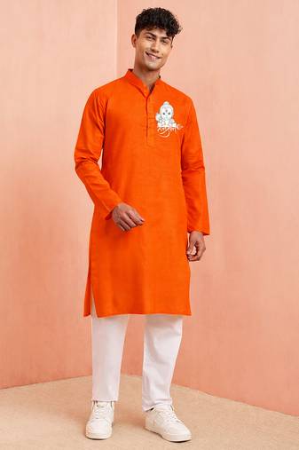 orange cotton kurta set with hanumanji print