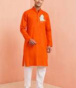 orange cotton kurta set with hanumanji print