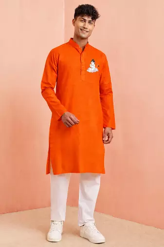 Creations men's orange pure cotton kurta pyjama set with hanuman jayanti special print -