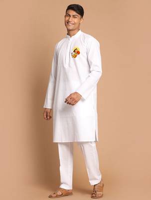 white cotton kurta set with bal hanumanji print 3