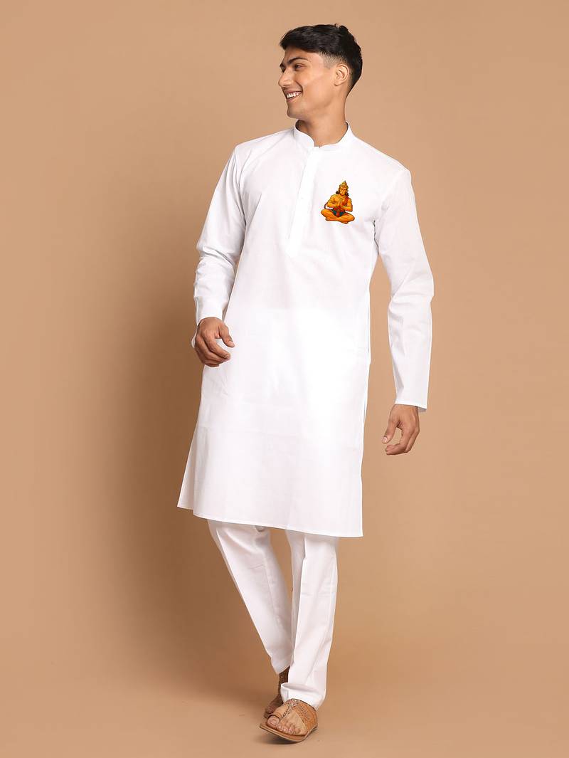 white cotton kurta set with hanumanji printed design
