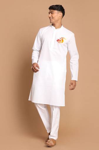 white cotton kurta set with shri ram chest print