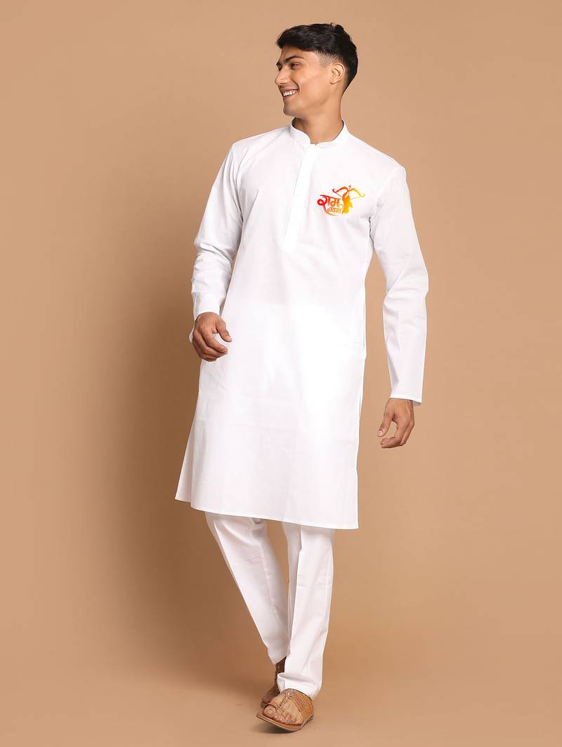 white cotton kurta set with shri ram chest print