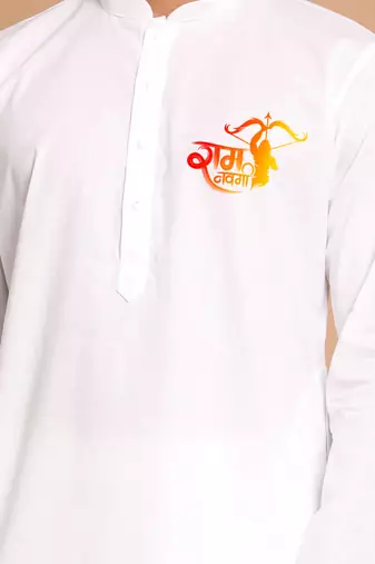 white cotton kurta set with shri ram chest print
