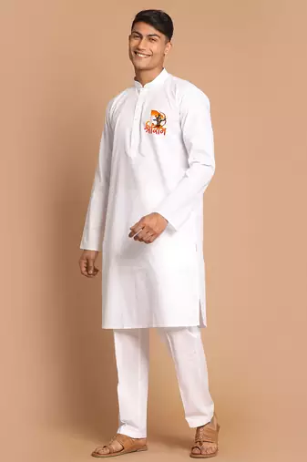 white cotton kurta set with shri ram printed work