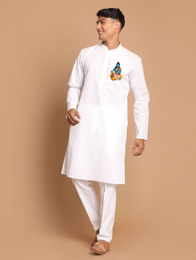 white cotton kurta set with hanumanji print