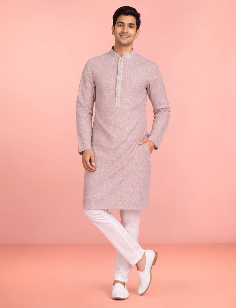 onion pink rayon mens kurta with printed design