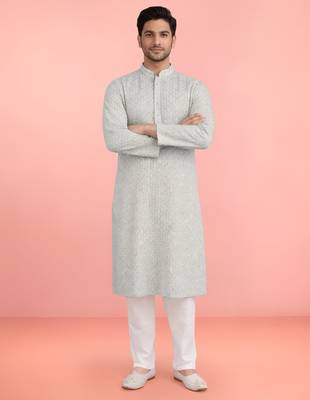 mint green rayon mens kurta with printed design 1