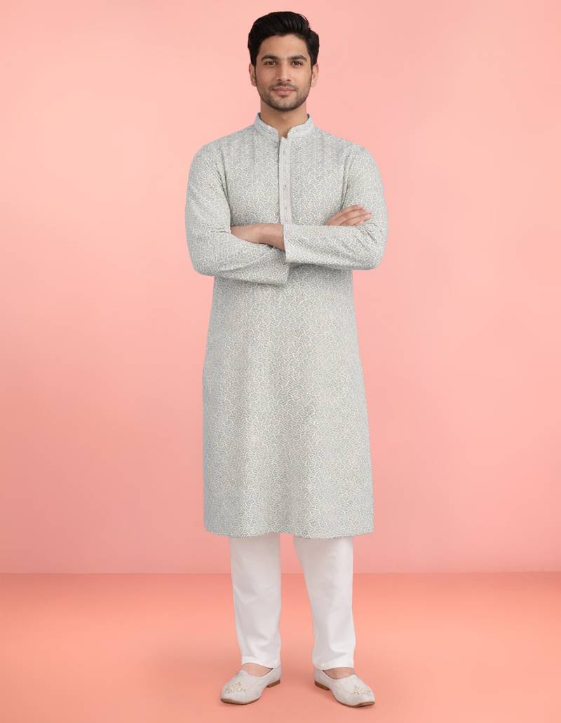 mint green rayon mens kurta with printed design