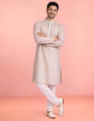 peach rayon mens kurta with printed design 1