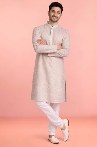 peach rayon mens kurta with printed design