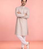 peach rayon mens kurta with printed design