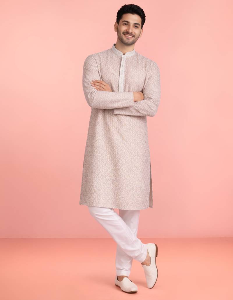 peach rayon mens kurta with printed design