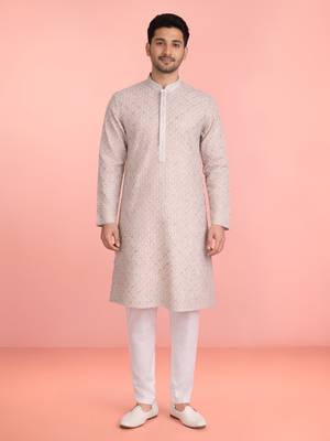peach rayon mens kurta with printed design 2