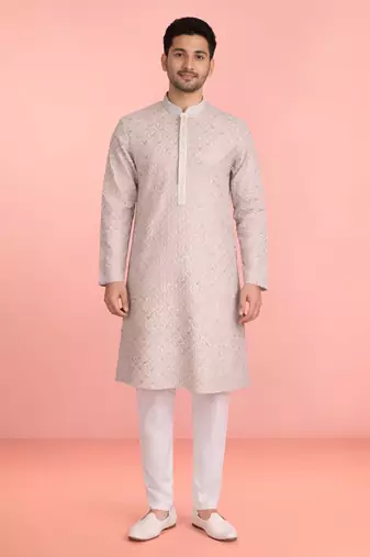 peach rayon mens kurta with printed design