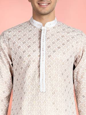 peach rayon mens kurta with printed design 4