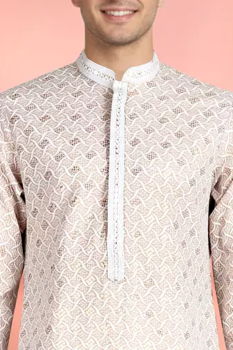 peach rayon mens kurta with printed design
