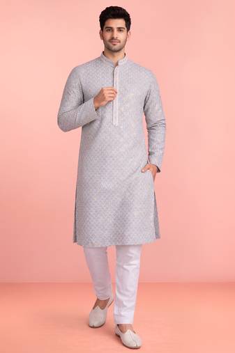 aqua rayon kurta set with white cotton pyjama