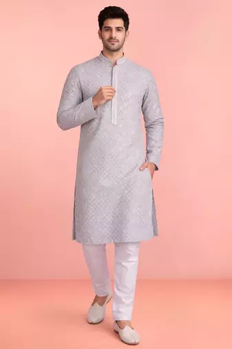aqua rayon kurta set with white cotton pyjama