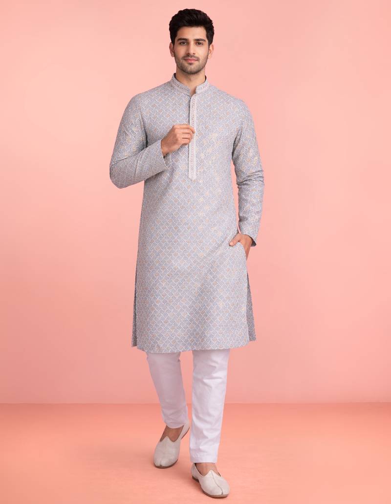 aqua rayon kurta set with white cotton pyjama