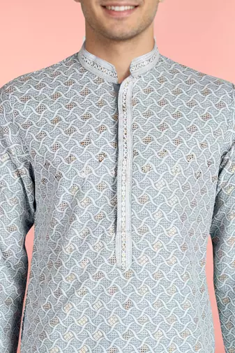 aqua rayon kurta set with white cotton pyjama