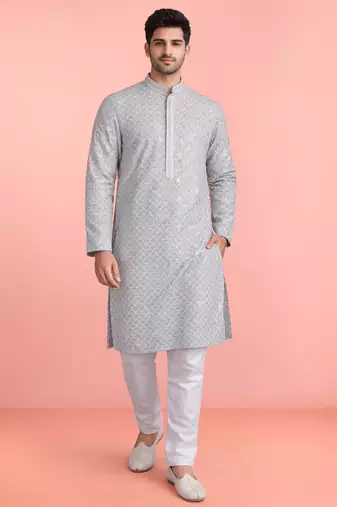 aqua rayon kurta set with white cotton pyjama