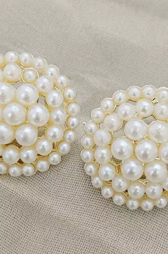 white glass pearls copper studs earrings set