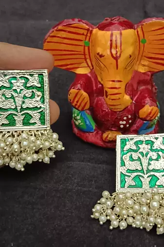 green meenakari indo western earrings set